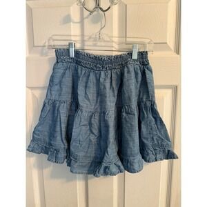 True Craft Chambray Ruffle Tiered Skirt Blue Small boho-chic western-inspired